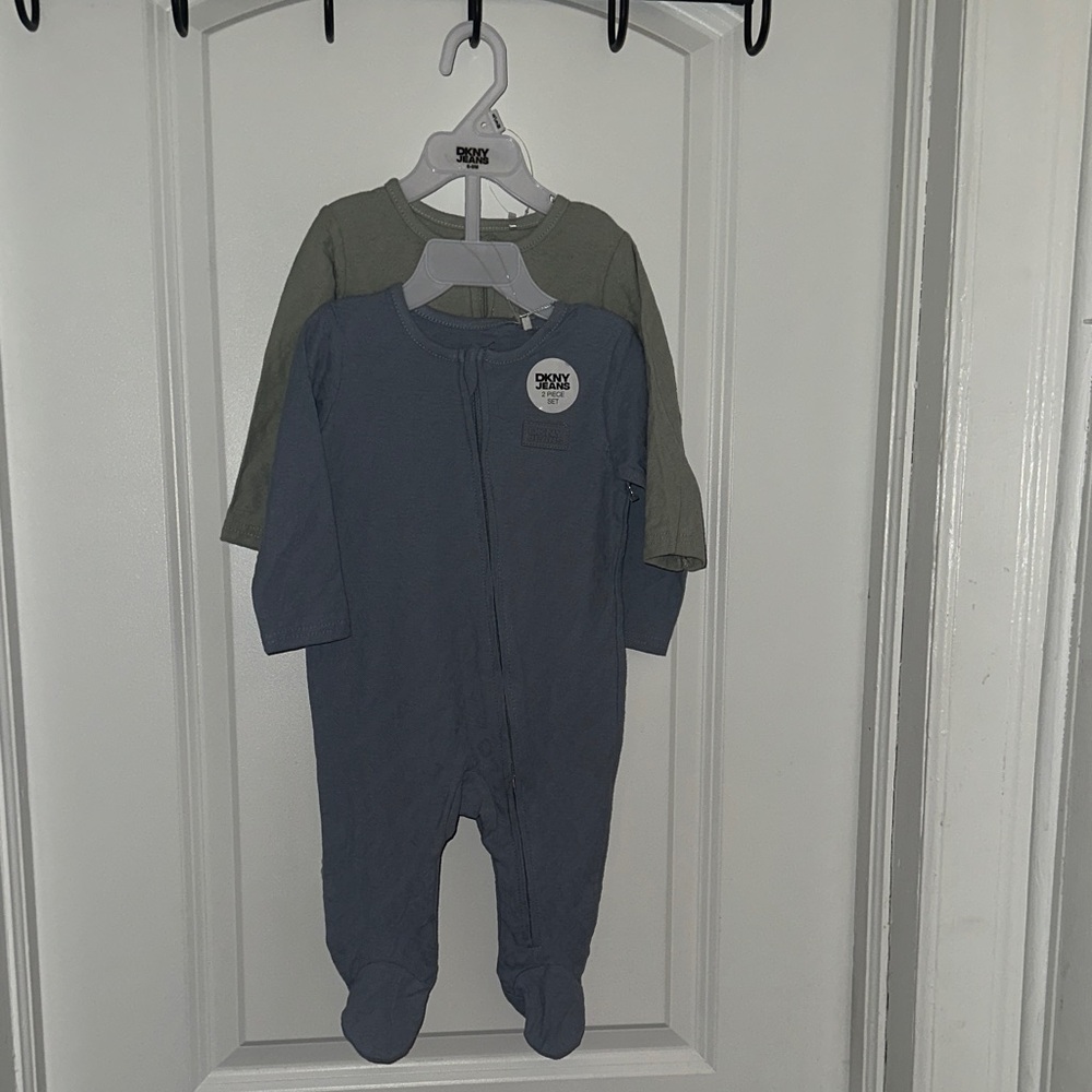 DKNY 2-Pack Footed Onesies in Slate Blue and Olive